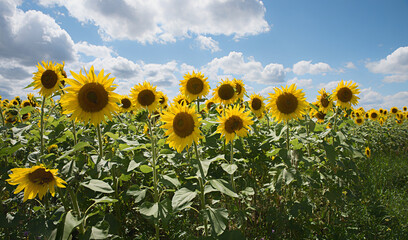 beautiful sunflower field with big blossoms, blue sky with clouds