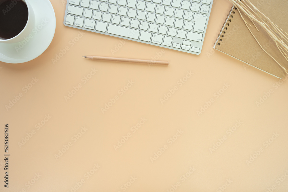 Fototapete flat lay of top view desk work table with coffee computer notebook and pencil work space in minimal 