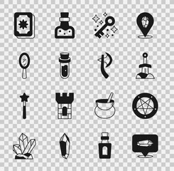 Set Magic stone, Pentagram in circle, Sword the, Old magic key, Bottle with potion, hand mirror, Tarot cards and Wooden axe icon. Vector