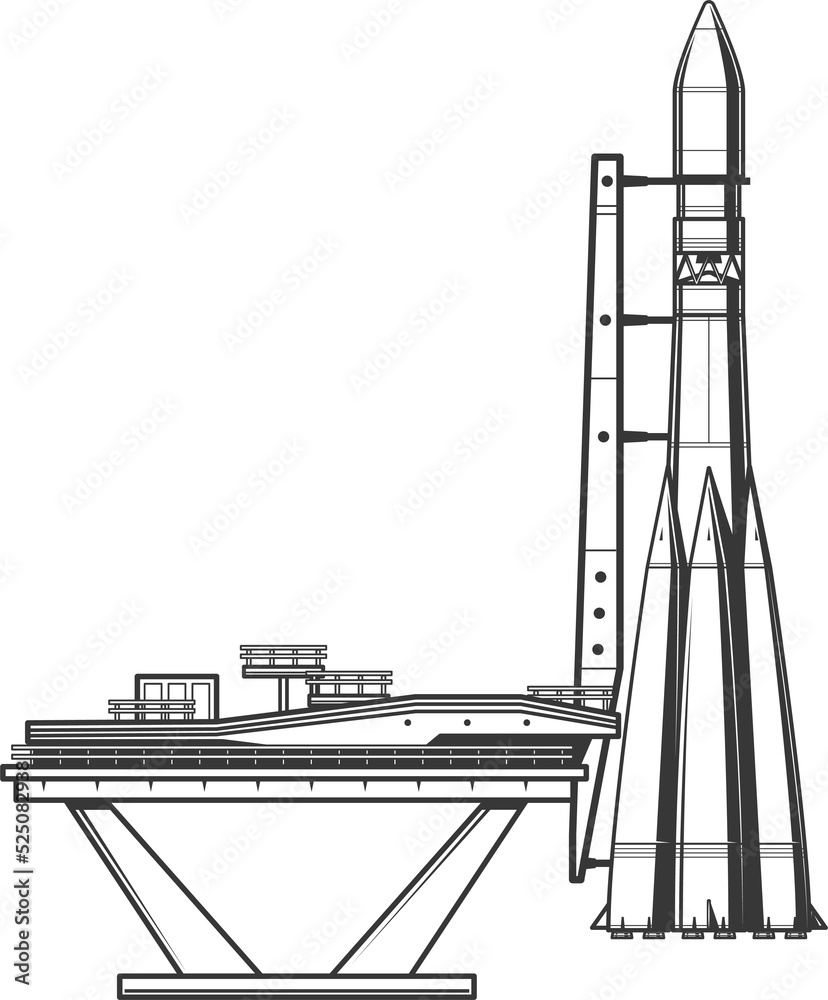 Poster spaceship taking off launching rocket and station