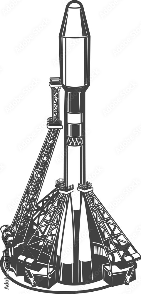 Poster spaceship taking off isolated launching rocket