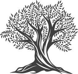 Obraz premium Olive tree icon, leaves, branches, olive oil label