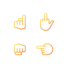 Pointing fingers and fist pixel perfect gradient linear vector icons set. Hand gestures. Body language performance. Thin line contour symbol designs bundle. Isolated outline illustrations collection