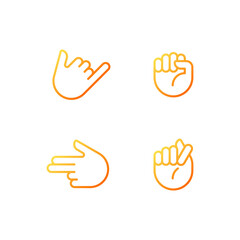 Friendly and aggressive gestures pixel perfect gradient linear vector icons set. Hand positions. Body language. Thin line contour symbol designs bundle. Isolated outline illustrations collection