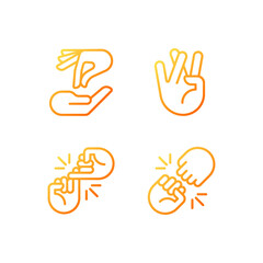 Using gestures for communication pixel perfect gradient linear vector icons set. Interaction process. Hands position. Thin line contour symbol designs bundle. Isolated outline illustrations collection