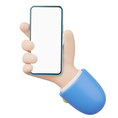 3D human hand holding mobile phone icon. Businessman wearing suit with smartphone blank white screen floating isolated. Mockup space for display application. Business cartoon style. 3d icon render.
