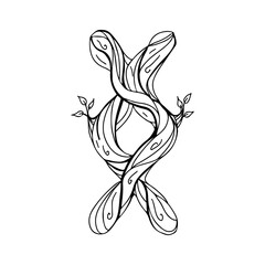 Runa Inguz, Ingwaz, Ing, Yngvi. Wooden doodle style. A magical amulet of a good start and rebirth. Elder Futhark. The alphabet is Nordic and northern. Viking letters. Magic tattoo.