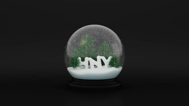 Glass snow ball with Happy New Year, pine trees and falling snow inside on dark backdrop. Happy New Year 3d render background loopable