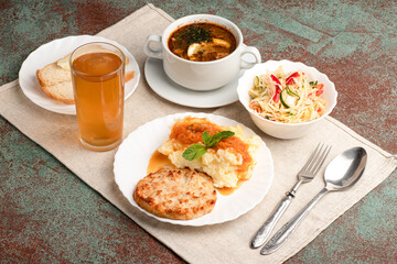 three-course lunch, lunch on a light background side view