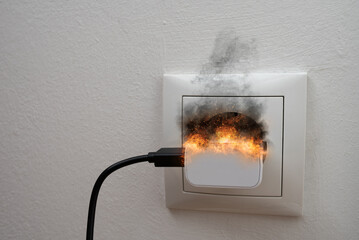 black smoke and sparks coming from charger plugged into wall socket, fire hazard concept