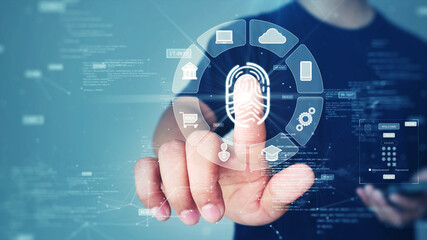 The concept of technology for logging in using fingerprint scanning electronic devices to access transaction applications through smartphones. Finger scan has polygon binary code icon on background.