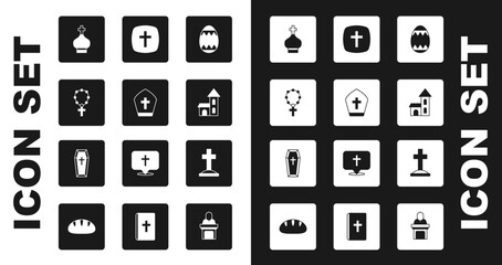 Set Easter egg, Pope hat, Rosary beads religion, Christian church tower, Church building, cross, Grave with and Coffin icon. Vector