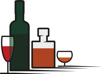 Cognac and wine, spirits in glasses isolated