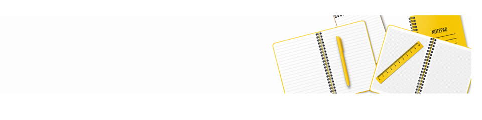 On the table are open and closed notebooks or notepad, a pen and a ruler arranged randomly. Illustration on a white background. Place for your text. Flat lay. Copy space. Back to school concept.