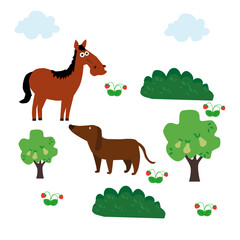 Horse and dog face hand drawn lettering inscription, cute horse and dog character isolated on white. Cartoon animals vector illustration. Typography design of a funny children's t-shirt