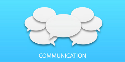 The concept of human communication. Vector illustration of speech bubbles in white on a blue background. Communication between people, a kind of active conversation. Set of speech bubbles icons.