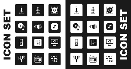Set Stereo speaker, Megaphone, DJ playing music, Balalaika, Music note, tone, Electric bass guitar, Computer with and player icon. Vector