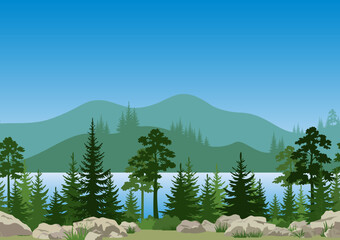 Seamless Horizontal Summer Mountain Landscape with Blue River or Lake, Pine and Fir Trees, Green Grass on the Stone Rocks. Vector