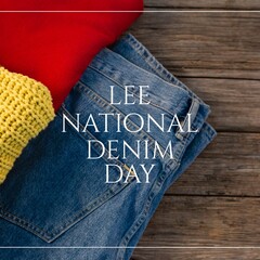 Composition of lee national denim day text over jeans