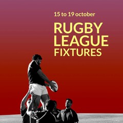 Composition of rugby league fixtures text over diverse male rugby players