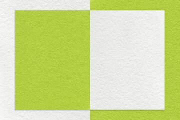 Fototapeta premium Texture of white and green paper background with geometric shape and pattern, macro. Structure of craft olive cardboard