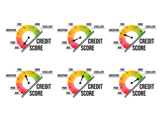 Credit rating set of banners isolated on white background. Indicator with direction arrow from bad to good. Credit score gauge. Design for apps and websites. Vector illustration