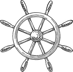 Boat control rudder isolated steering wheel sketch - obrazy, fototapety, plakaty