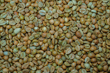 Coffee bean. The photo shows a close-up of assorted roasted coffee beans in various brown hues, highlighting their textures and details, filling the entire frame with a rich pattern.