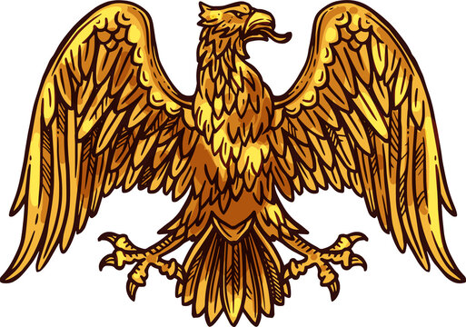 Heraldic golden eagle with wings, vector sketch
