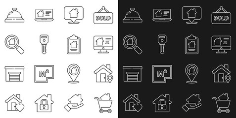 Set line Shopping cart with house, Location, Online real estate, House key, Search, Hotel service bell and contract icon. Vector