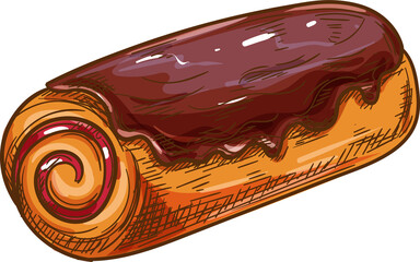 Chocolate roll isolated Swiss cake sketch. Vector mini dessert with cream swirl, pastry food