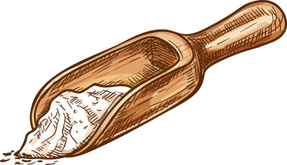 Flour, sugar or soda in scoop isolated cooking bread ingredients sketch. Vector pastry food, bakery powder