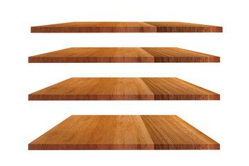 A collection of four wooden shelves on a white background that separates the objects. for a product display montage.