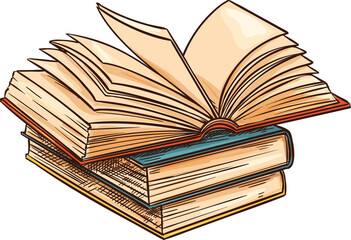 Stack of textbooks in hardcover, open book sketch