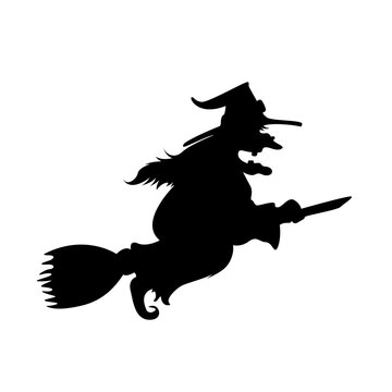 An evil witch silhouette riding a broom and making poison on Halloween.