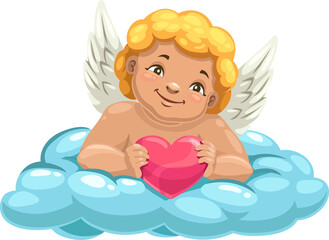 Smiling Cupid, winged boy on cloud, heart