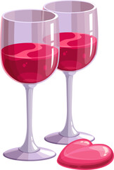 Red wine glasses, heart shape candy isolated