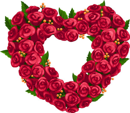 Frame heart shape, rose flowers wreath