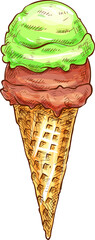 Ice cream, waffle cone with swirl isolated sketch