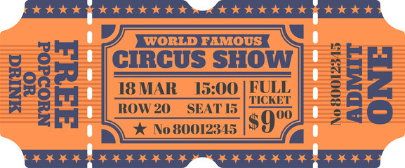 Retro circus ticket, admit one mention isolated - obrazy, fototapety, plakaty
