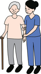 Female caregiver supports the elderly. Cartoon character design with medical rehabilitation icon set Concept of caring for disabled elderly. Young smiling lady actively caring for lady outdoors in sum