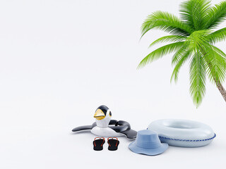 Float ring, inflatable penguin, hat, flip flops and palm tree on white background in summer season. 3D rendering, 3D illustration