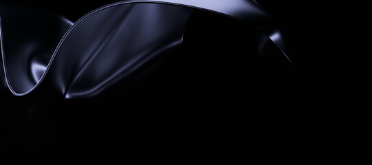 Abstract black wavy flying fabric shape 3d illustration, luxury fashion dark background, black Friday sale banner template