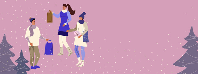 Winter sale banner, poster, flyer. Women are buys gifts. Vector illustration in flat cartoon style. 