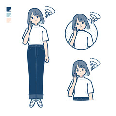 Tシャツを着た若い女性が困っているイラスト