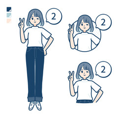 Tシャツを着た若い女性が2とカウントしているイラスト