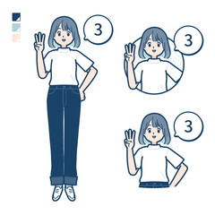 Tシャツを着た若い女性が3とカウントしているイラスト
