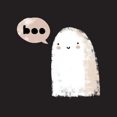 Cute Hand Drawn Kawaii Style Halloween Vector Illustration with Lovely White Ghost and Bubble Speech with Handwritten Boo. Little Ghost on a Black Background.Funny Halloween Print ideal for Card.
