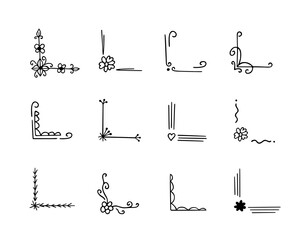 Corners hand-drawn set.Decorative monograms, calligraphic borders.Page design,vintage elements for text decor.Use for invitations,menus,labels,stickers,cards.Doodle style.Isolated.Vector illustration