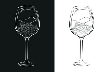 Transparent monochrome wine glass inside landscape black and white in continuous line art